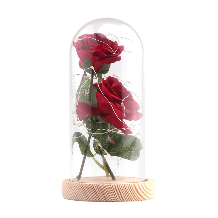 New design beauty and the beast 2PCS Artificial Silk Rose Preserved Eternal Roses with LED Lights in Glass Dome