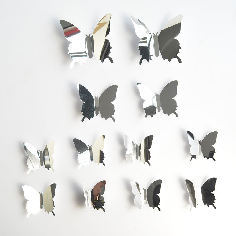 Hot Sale 12Pcs/Set PET simulation mirror butterfly 3D stereo decorative wall stickers mirror stickers