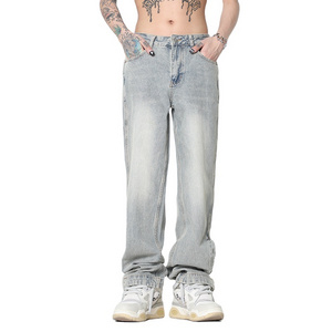 Wholesale Vintage Washed Blank Plain Men's Straight Denim Jeans