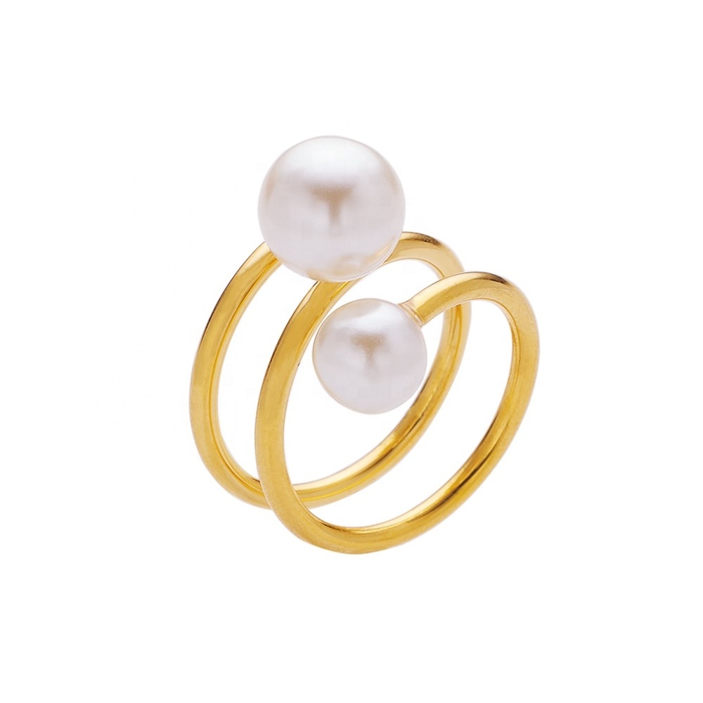 Stainless Steel Double Pearls Promise Ring for Women Girls Imitation Pearl Ball 18K Gold Plated Open Rings Engagement Jewelry