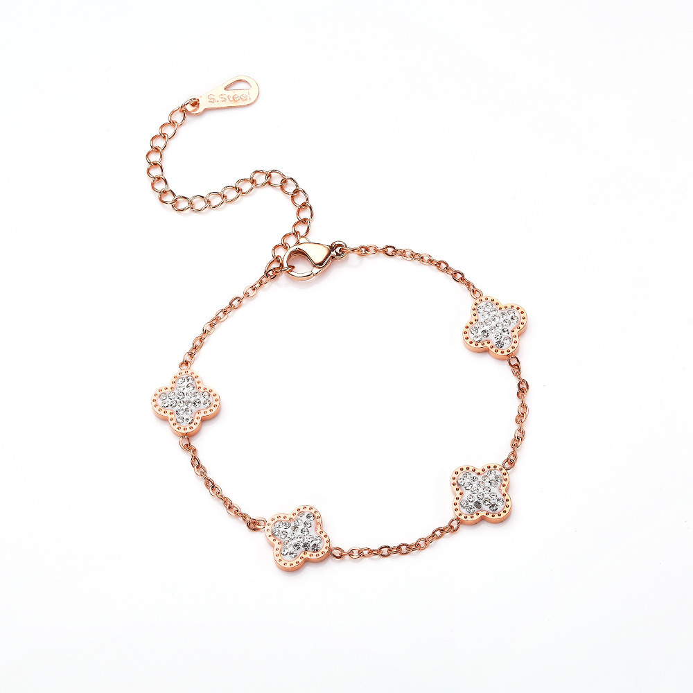 Rose Gold Link Bracelets for Women Girls Trendy Cute Colorful Zircons Lucky Clover Adjustable Bracelets for Mother's Day