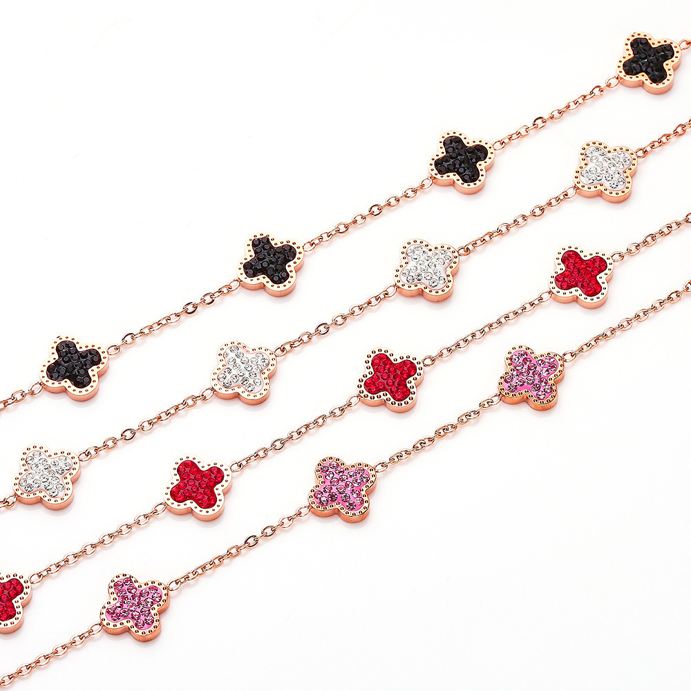 Rose Gold Link Bracelets for Women Girls Trendy Cute Colorful Zircons Lucky Clover Adjustable Bracelets for Mother's Day