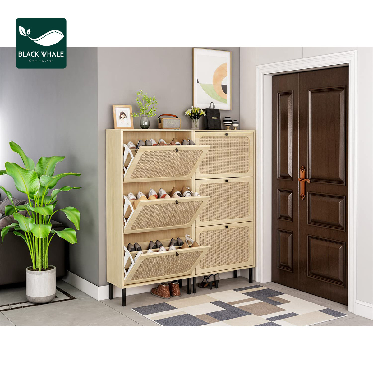 Factory 3 Flip Woven Drawer Entryway Shoe Racks Modern Slim Organizer Rattan Storage Cabinet Rattan Cabinet Shoe Rack Organizer