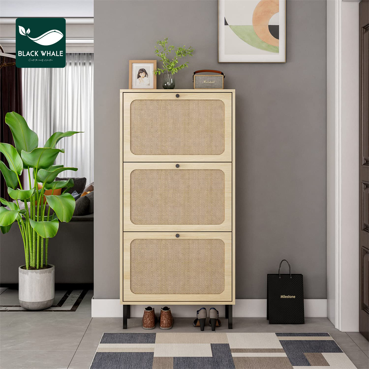 Factory 3 Flip Woven Drawer Entryway Shoe Racks Modern Slim Organizer Rattan Storage Cabinet Rattan Cabinet Shoe Rack Organizer