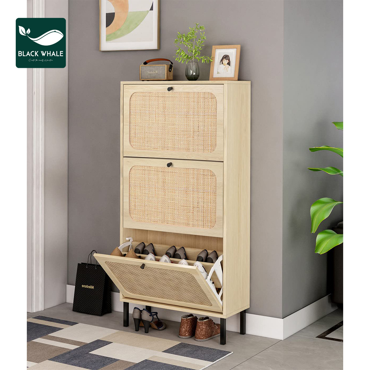 Factory 3 Flip Woven Drawer Entryway Shoe Racks Modern Slim Organizer Rattan Storage Cabinet Rattan Cabinet Shoe Rack Organizer