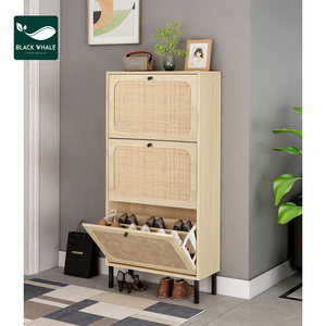 Factory 3 Flip Woven Drawer Entryway Shoe Racks Modern Slim Organizer Rattan Storage Cabinet Rattan Cabinet Shoe Rack Organizer