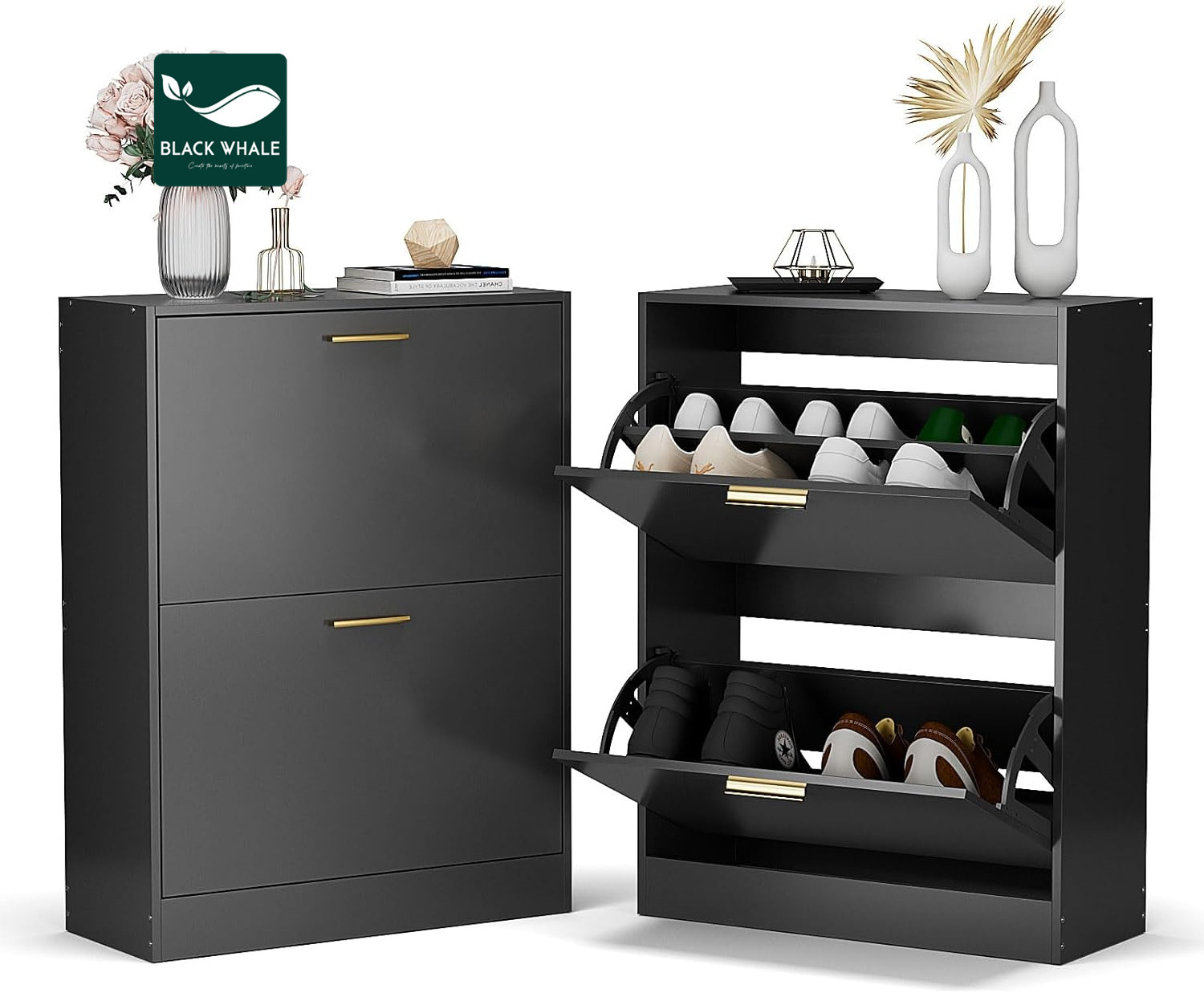 Wholesaler 2 Flip Drawers Shoes Cabinet Black Hidden Hallway Narrow Entryway Storage Organizer Wood Home Shoe Racks Cabinets