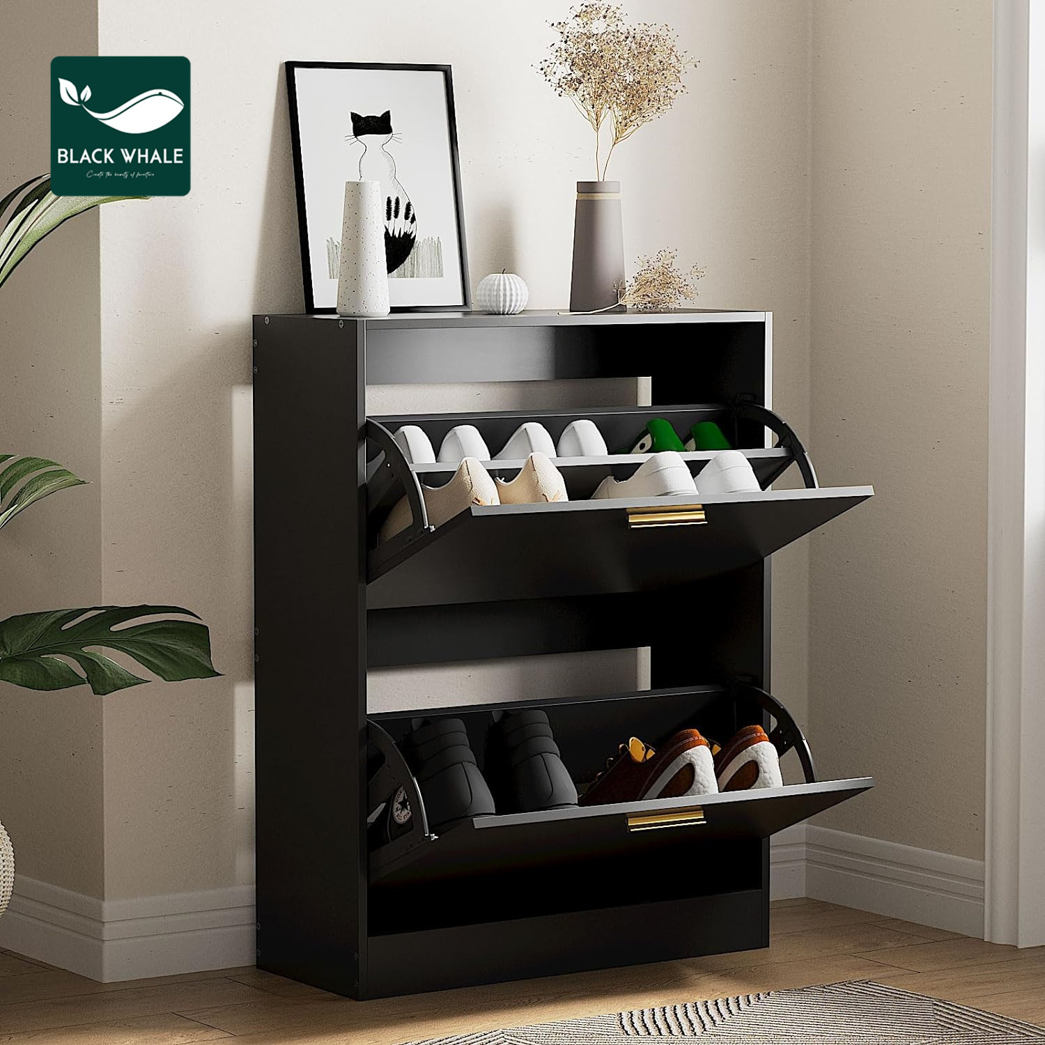 Wholesaler 2 Flip Drawers Shoes Cabinet Black Hidden Hallway Narrow Entryway Storage Organizer Wood Home Shoe Racks Cabinets