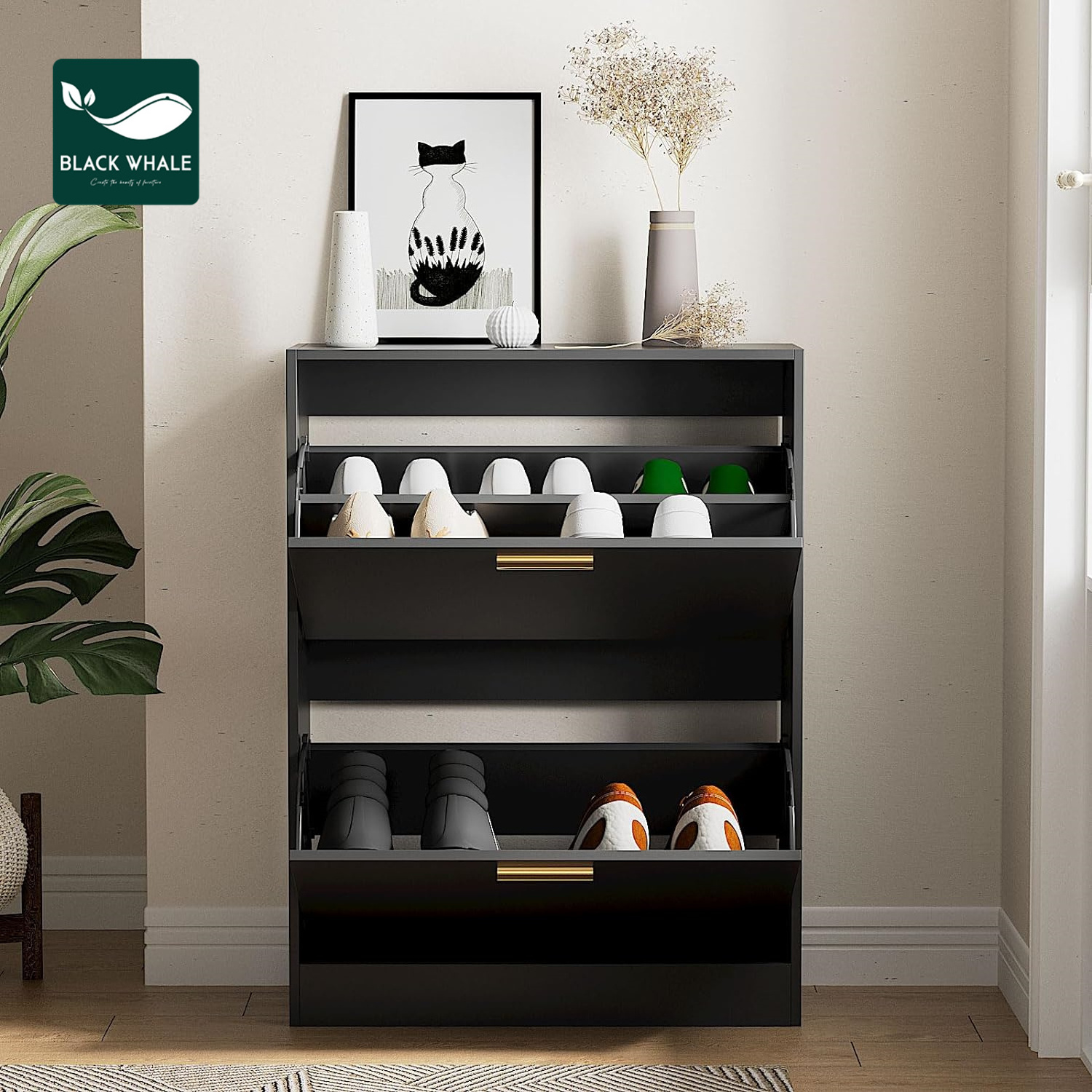 Wholesaler 2 Flip Drawers Shoes Cabinet Black Hidden Hallway Narrow Entryway Storage Organizer Wood Home Shoe Racks Cabinets