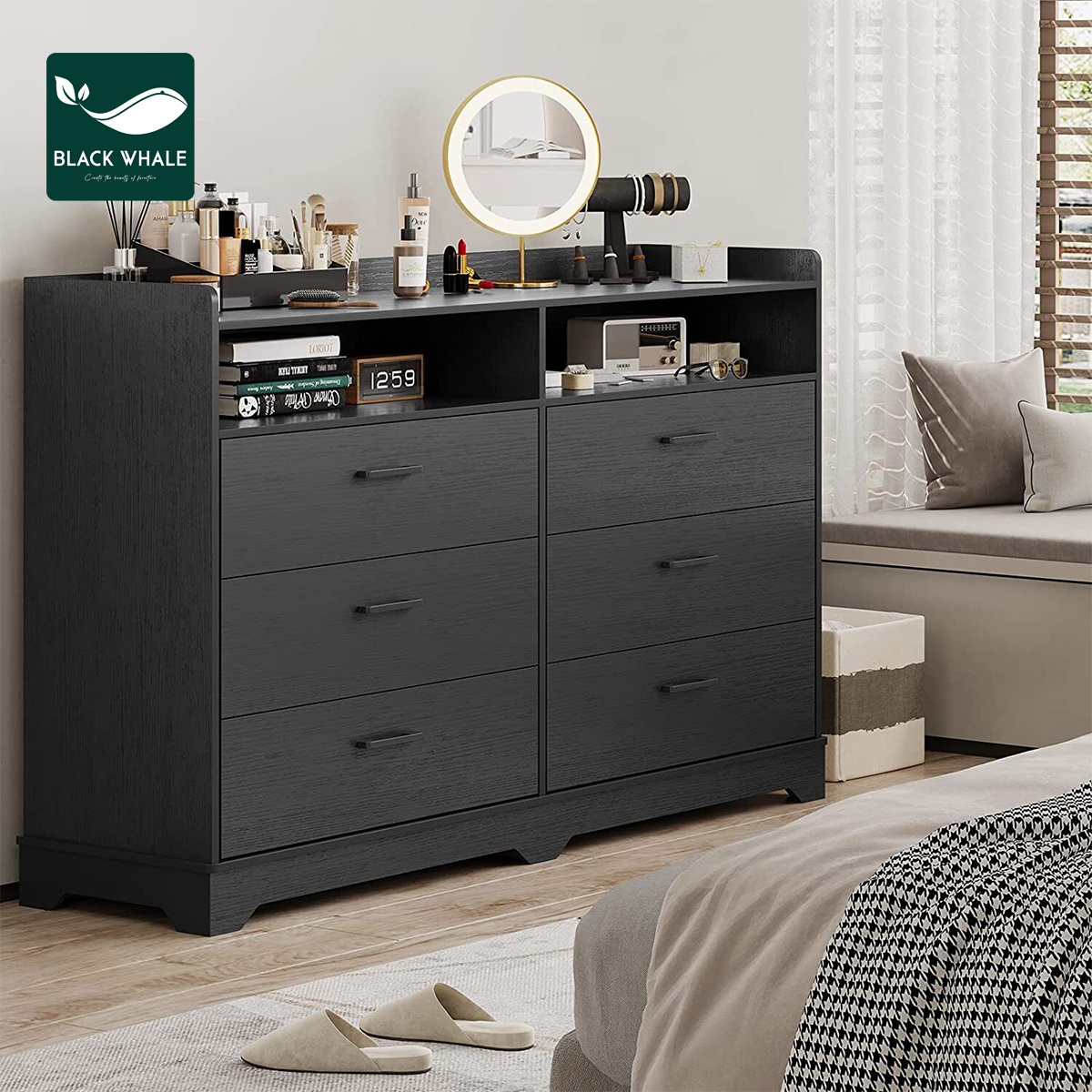 6 Drawer Dresser Open Storage Shelf Tower Clothing Organizer Unit Chests Bedroom Office Kitchen Wooden Drawers