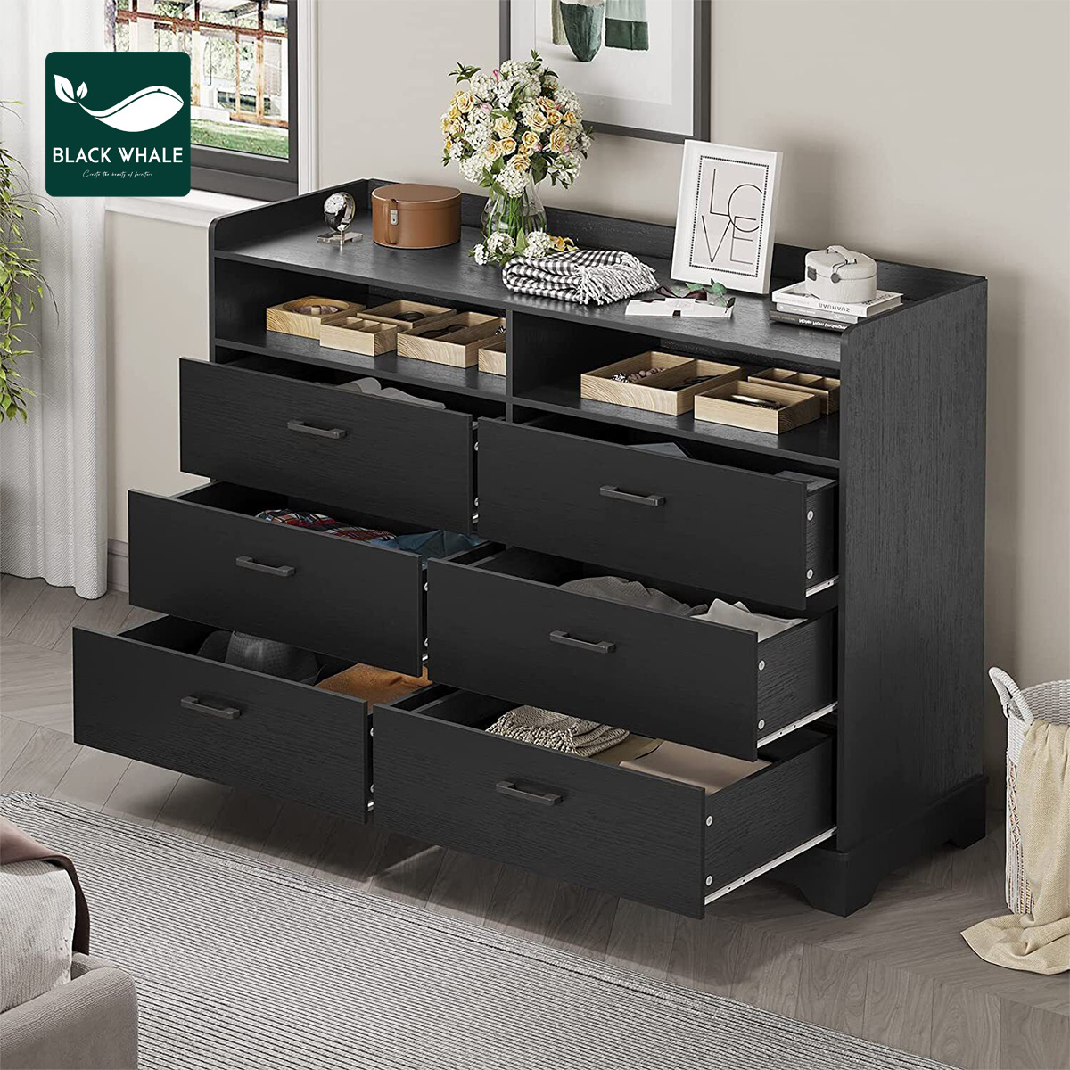 6 Drawer Dresser Open Storage Shelf Tower Clothing Organizer Unit Chests Bedroom Office Kitchen Wooden Drawers