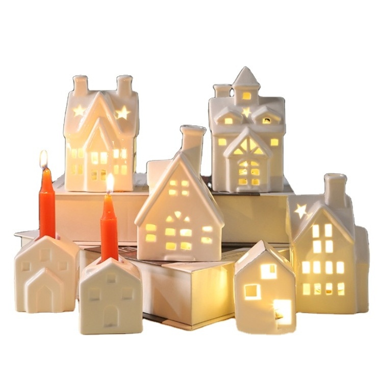 Antique White Christmas Mini House Ornament Ceramic Gingerbread Village Decor with Tealight Holder Boxed for Wedding Room Use