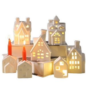 Antique White Christmas Mini House Ornament Ceramic Gingerbread Village Decor with Tealight Holder Boxed for Wedding Room Use