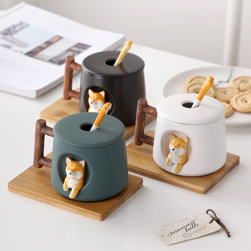 Creative Ceramic Personality Cute Mugs custom ceramic 3d dog mug with wooden handle coffee dog face mug with lid