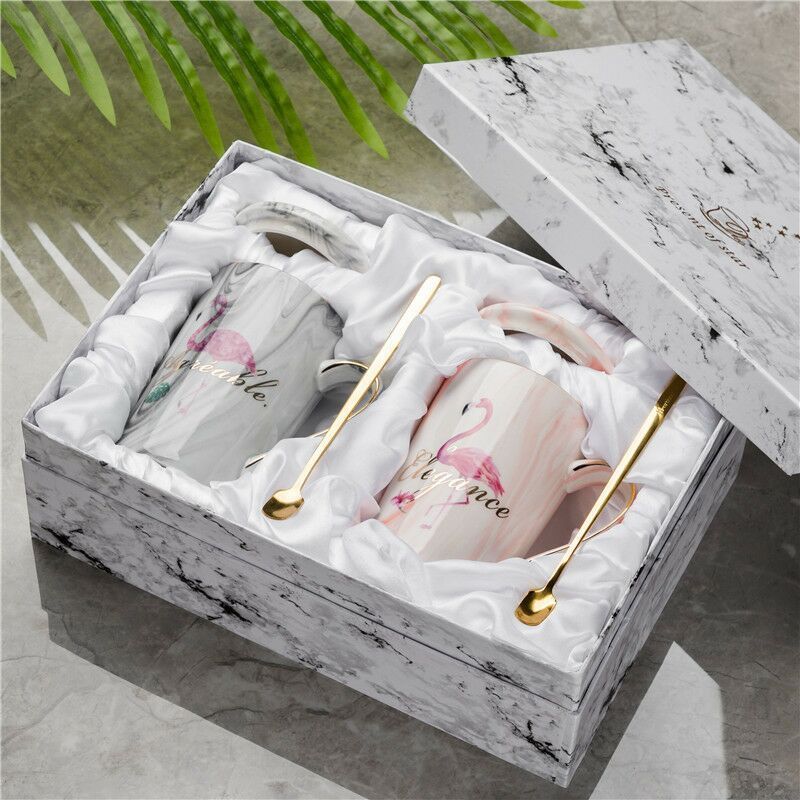 Mr Mrs Flamingo Couple Cup and Mug Gift Box Ceramic Coffee Mug Marble Pattern Home Drinkware Lovers Gift Wedding Gift