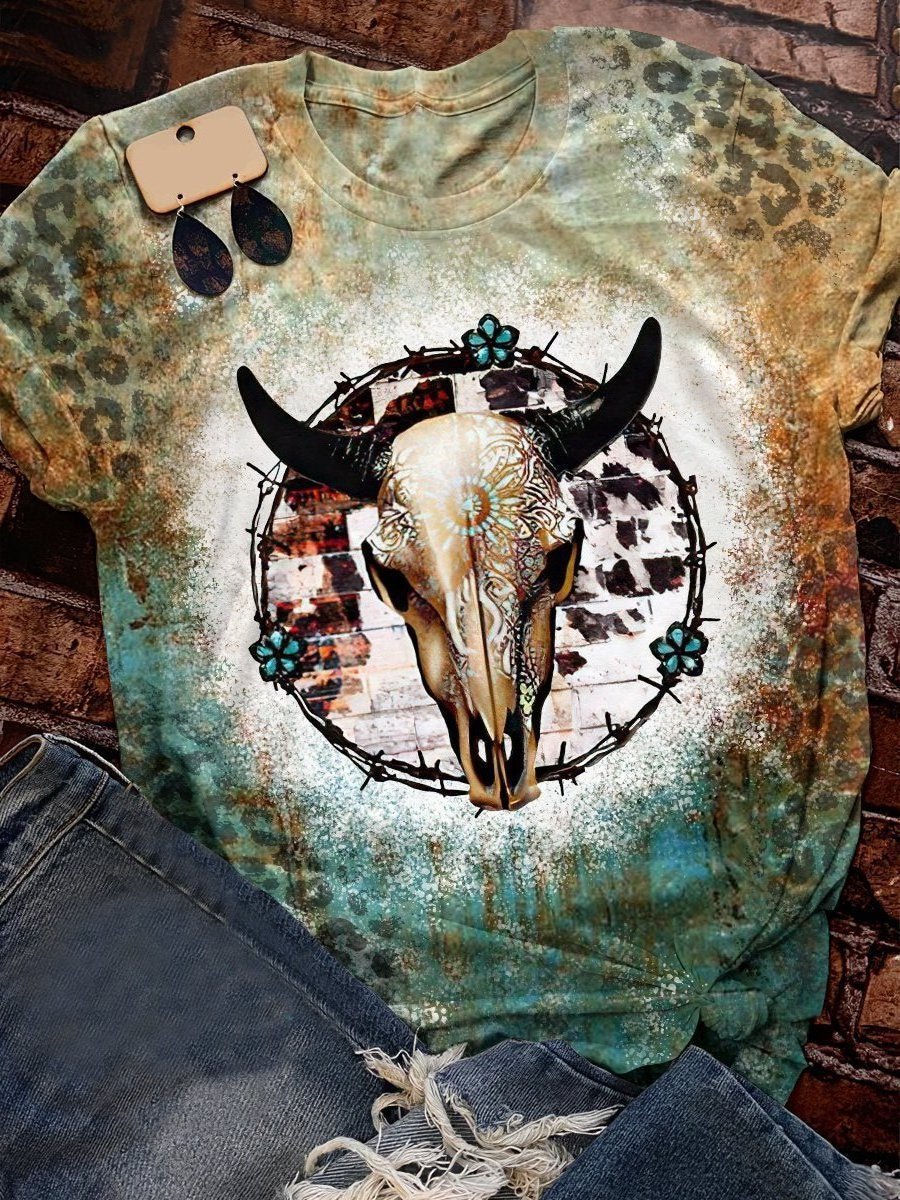 Wild Soul Bleached Shirt Women Vintage Western T-Shirt Boho Cow Skull Rodeo Shirt Leopard Bull Skull Bleached T-Shirt DOM107