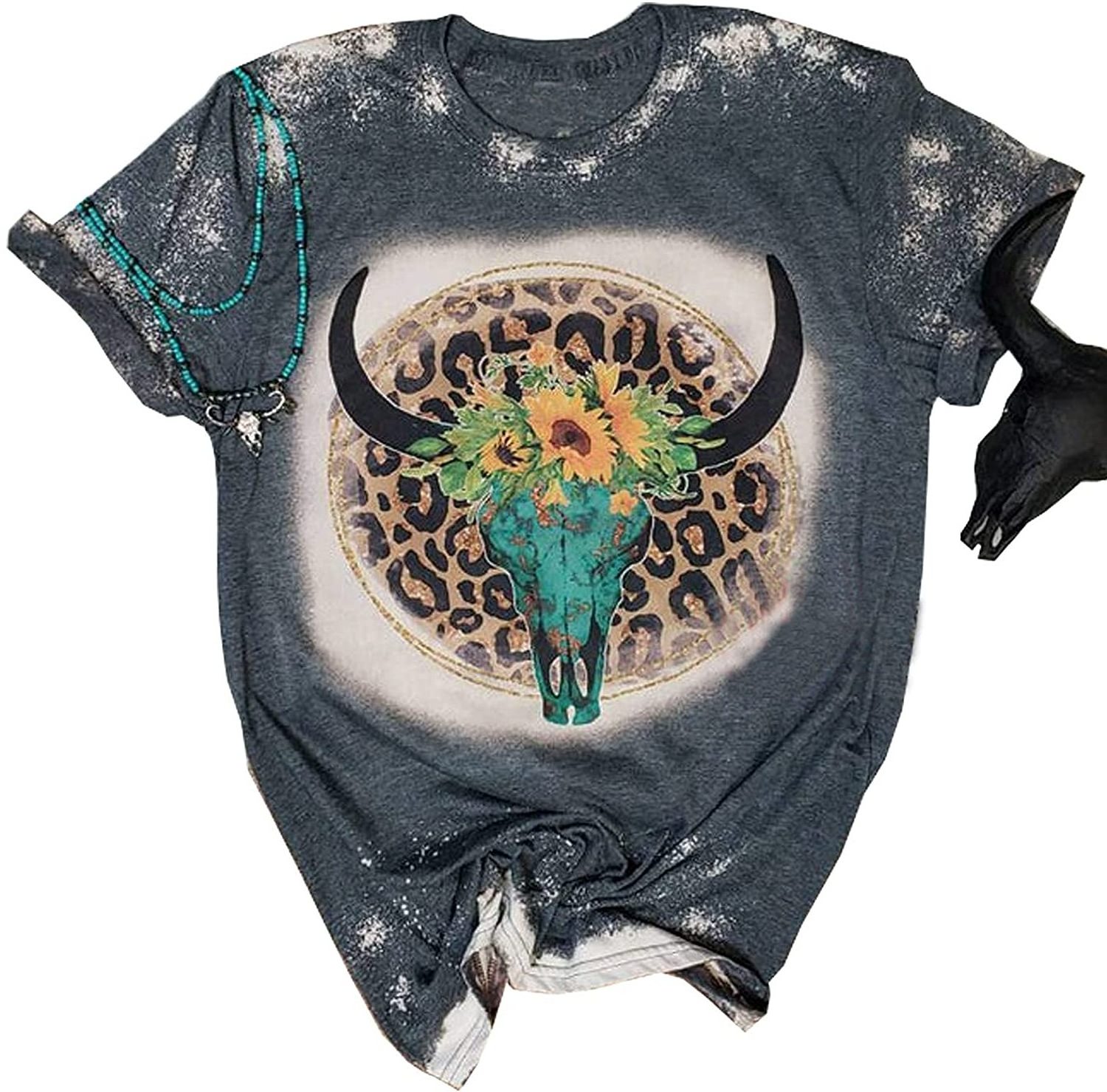 Wild Soul Bleached Shirt Women Vintage Western T-Shirt Boho Cow Skull Rodeo Shirt Leopard Bull Skull Bleached T-Shirt DOM107