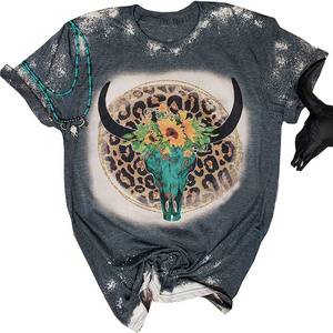 Wild Soul Bleached Shirt Women Vintage Western T-Shirt Boho Cow Skull Rodeo Shirt Leopard Bull Skull Bleached T-Shirt DOM107