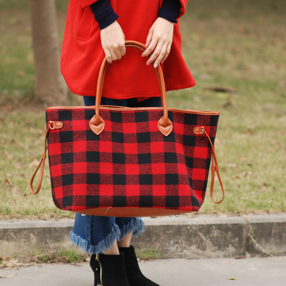 US Warehouse Flannel Buffalo Plaid Duffel Weekender Purse Red Check Gift Tote Bags Handbags for Women Free shipping DOM107377