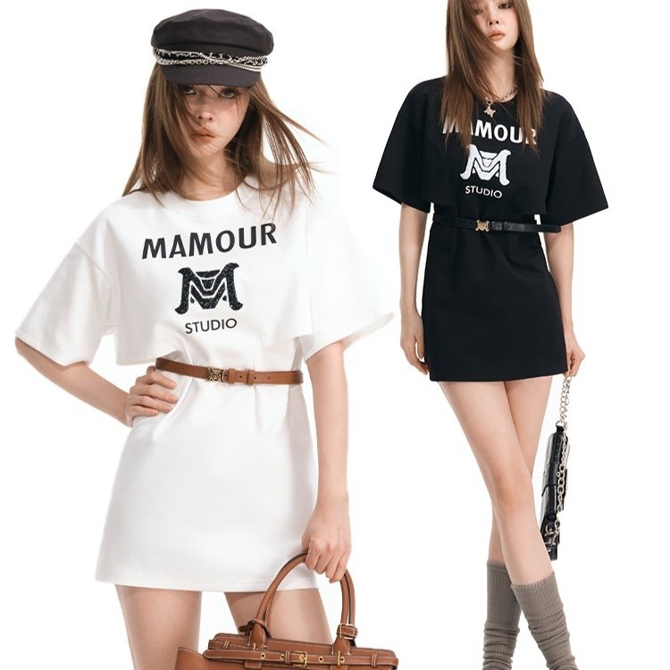 Korean Fashion Style Dress Designer Selected Print T-Shirt Dress Mid-Length Women's Wholesale High-End With Belt Ladies Fashion