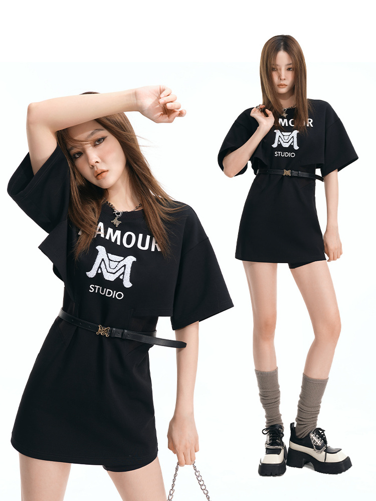 Korean Fashion Style Dress Designer Selected Print T-Shirt Dress Mid-Length Women's Wholesale High-End With Belt Ladies Fashion