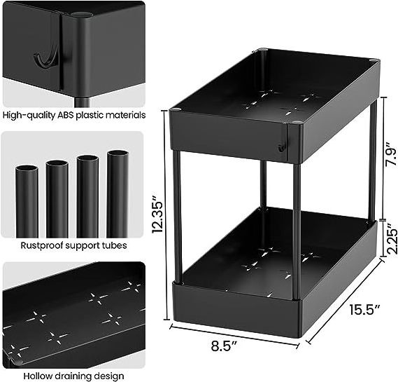 Under Sink Organizers 2 Tier Bathroom Cabinet Organizer Multi-purpose Under Kitchen Sink Shelf with Hooks