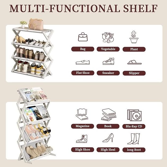 Foldable Shoe Rack for Closet 4-Tier Shoe Shelf Space Saving Shoe and Boot Organizer Multifunctional Storage Rack for Entryway