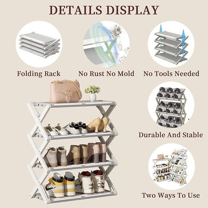 Foldable Shoe Rack for Closet 4-Tier Shoe Shelf Space Saving Shoe and Boot Organizer Multifunctional Storage Rack for Entryway