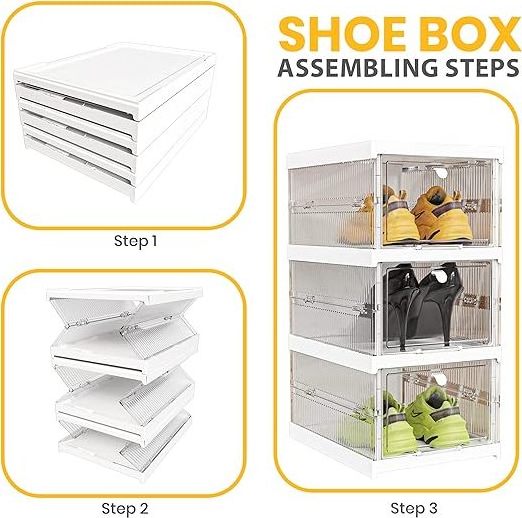 Foldable Shoe Storage Boxes Collapsible Sneaker Storage Boxes  Clear Stackable Shoe Box with Doors