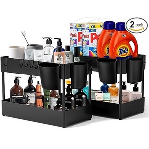 Under Sink Organizers 2 Tier Bathroom Cabinet Organizer Multi-purpose Under Kitchen Sink Shelf with Hooks