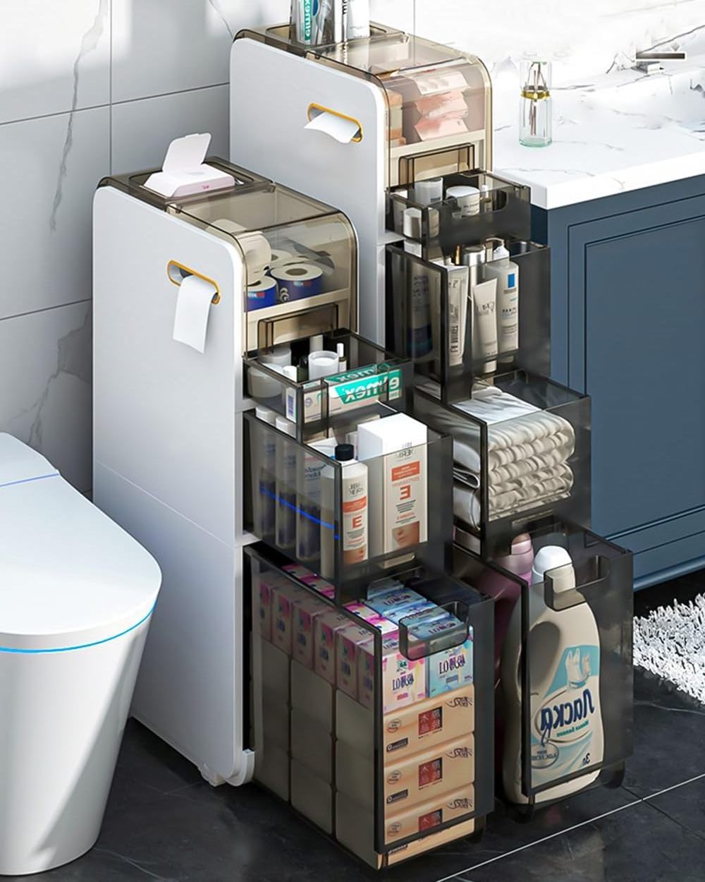 Plastic Narrow Storage Cabinet Narrow Slim Storage Cabinet with Drawers Standing Toilet Paper Holder with Wheels