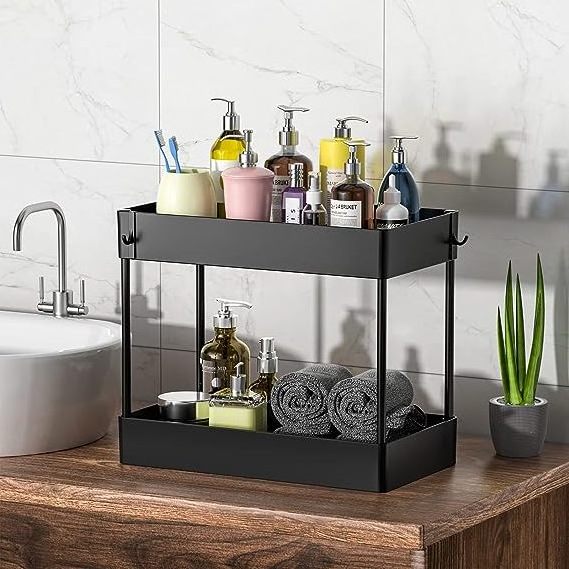 Under Sink Organizers 2 Tier Bathroom Cabinet Organizer Multi-purpose Under Kitchen Sink Shelf with Hooks