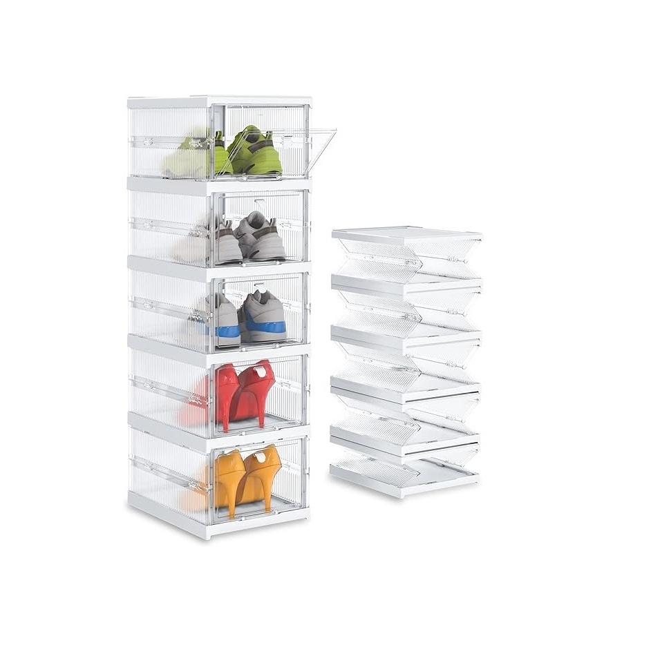 Foldable Shoe Storage Boxes Collapsible Sneaker Storage Boxes  Clear Stackable Shoe Box with Doors