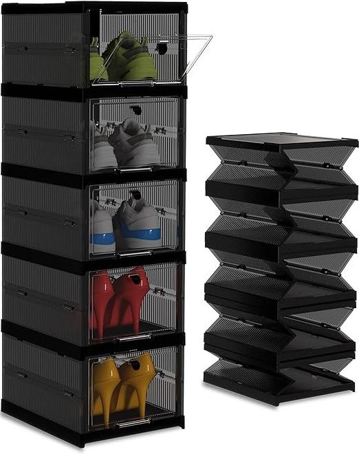 Foldable Shoe Storage Boxes Collapsible Sneaker Storage Boxes  Clear Stackable Shoe Box with Doors