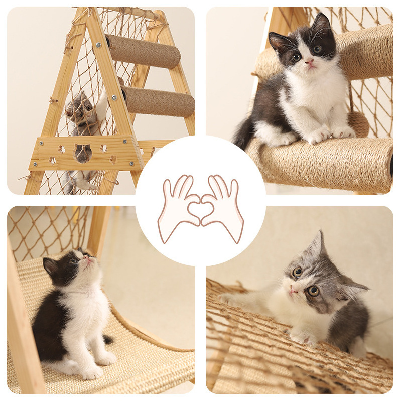 Cat Climbing Net Tree Tower Scratcher Climbing Jumping Frame Wooden Cat Nest Hammock Bed Suitable for Multi-cat Family