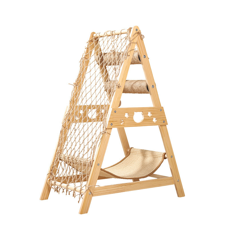 Cat Climbing Net Tree Tower Scratcher Climbing Jumping Frame Wooden Cat Nest Hammock Bed Suitable for Multi-cat Family