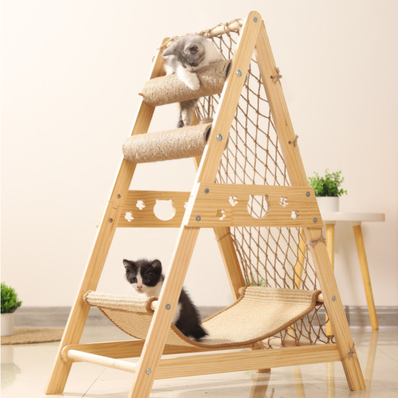 Cat Climbing Net Tree Tower Scratcher Climbing Jumping Frame Wooden Cat Nest Hammock Bed Suitable for Multi-cat Family