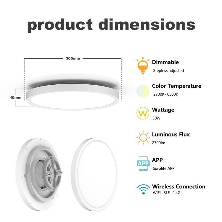 300mm Round Shape 30W Dimmable Wifi Smart Voice Control Living Room Lamp RGB Ceiling Light