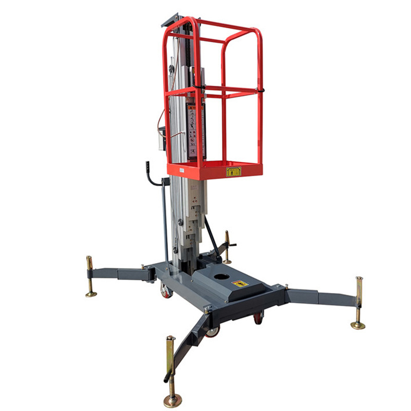 10 m Hydraulic Aluminum Man Lift Table With Single Mast Vertical Lift With Outrigger Interlock