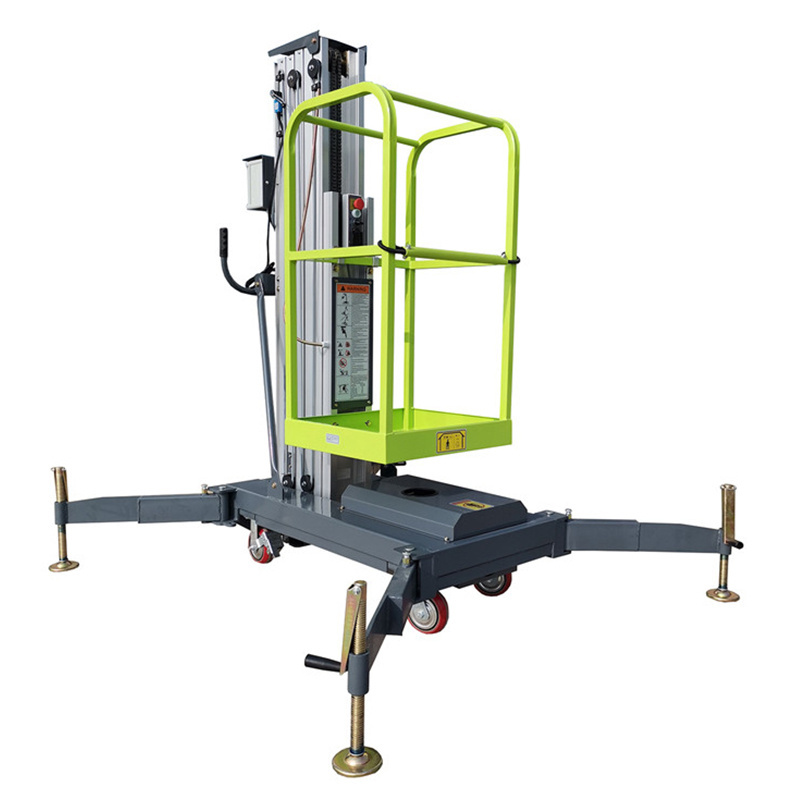 10 m Hydraulic Aluminum Man Lift Table With Single Mast Vertical Lift With Outrigger Interlock