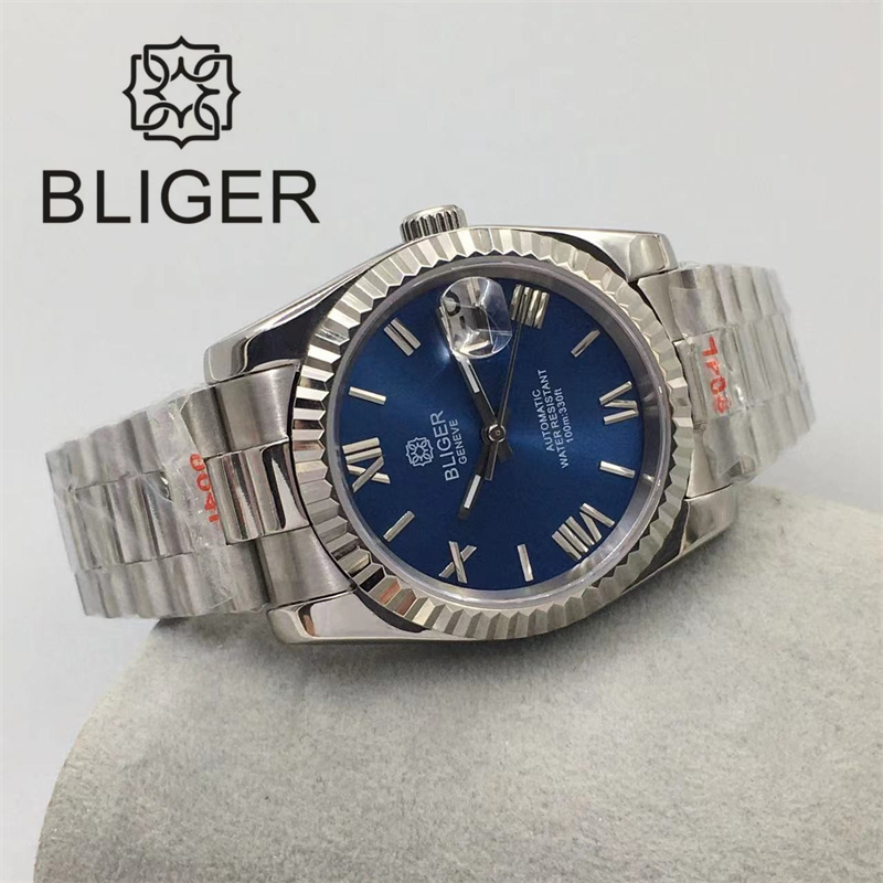 BLIGER 36mm/39mm Watch For Men With NH35 Movement President Bracelet Fluted Bezel Sapphire Glass Blue Black Green White Dial