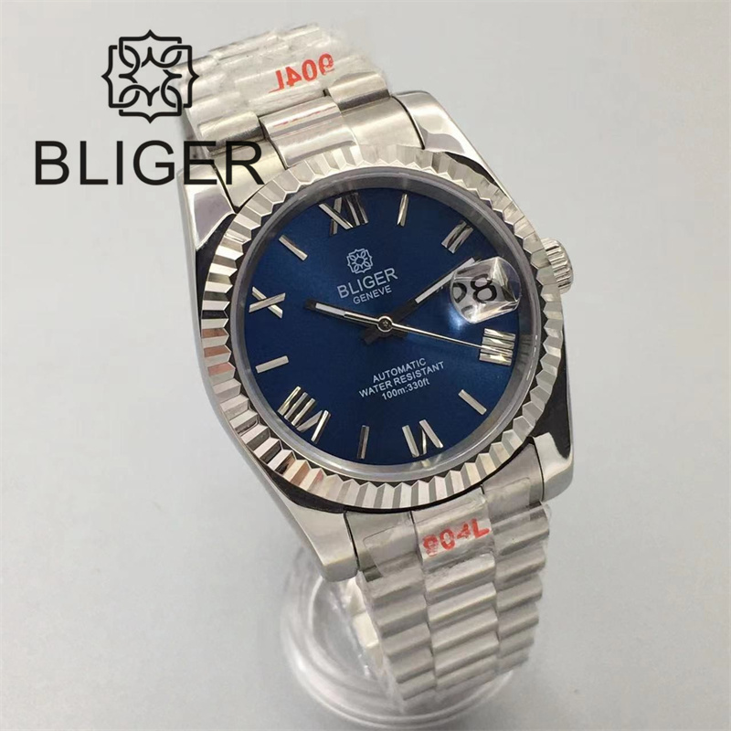 BLIGER 36mm/39mm Watch For Men With NH35 Movement President Bracelet Fluted Bezel Sapphire Glass Blue Black Green White Dial