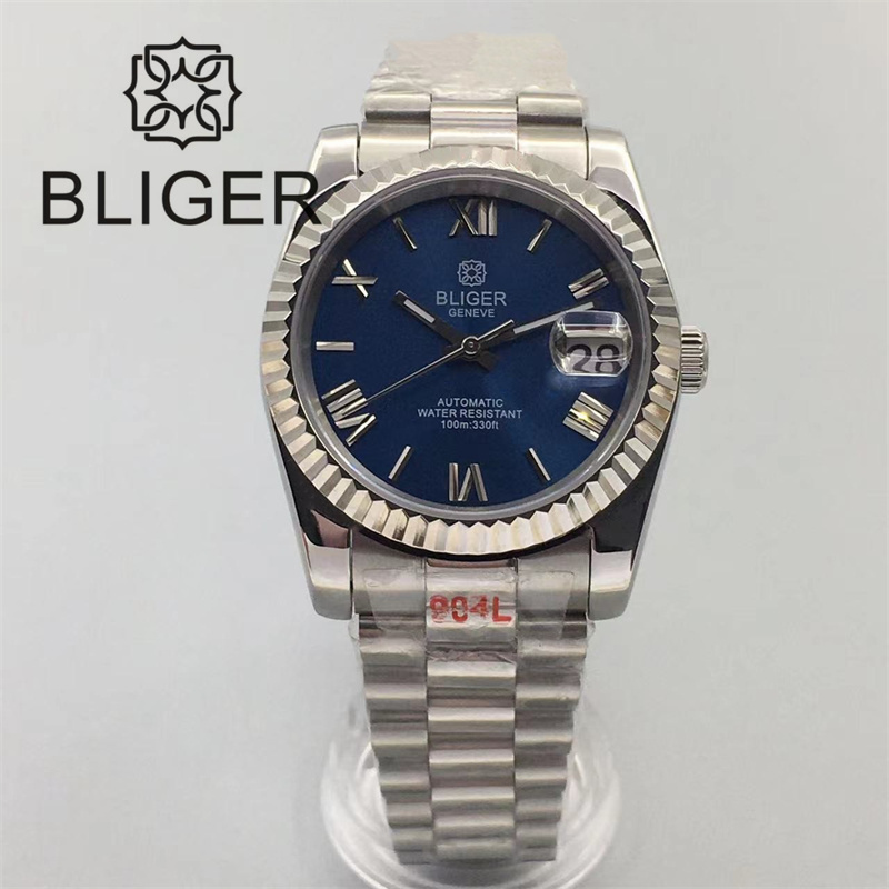 BLIGER 36mm/39mm Watch For Men With NH35 Movement President Bracelet Fluted Bezel Sapphire Glass Blue Black Green White Dial