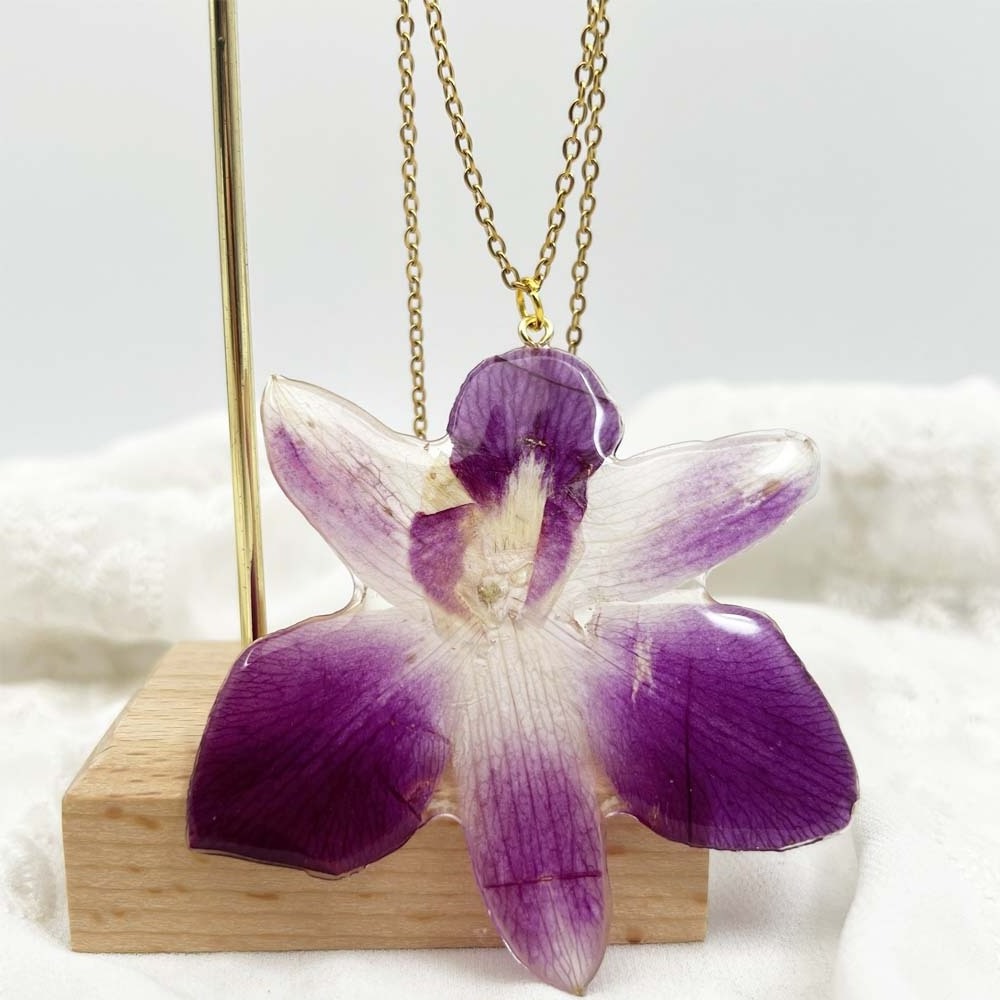 Hand Crafted Jewelry  Gold Preserved Purple Orchid Flower Epoxy Resin Earrings Necklace Jewelry Set