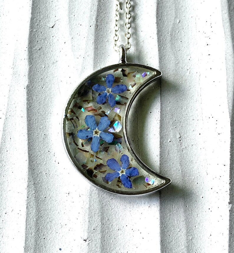 Mothers Day Gift Blue Abalone Shell handmade flower Forget Me Not Pressed Flower Moon Necklace