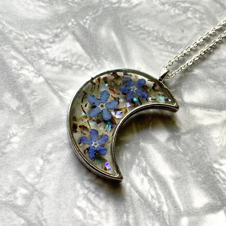 Mothers Day Gift Blue Abalone Shell handmade flower Forget Me Not Pressed Flower Moon Necklace