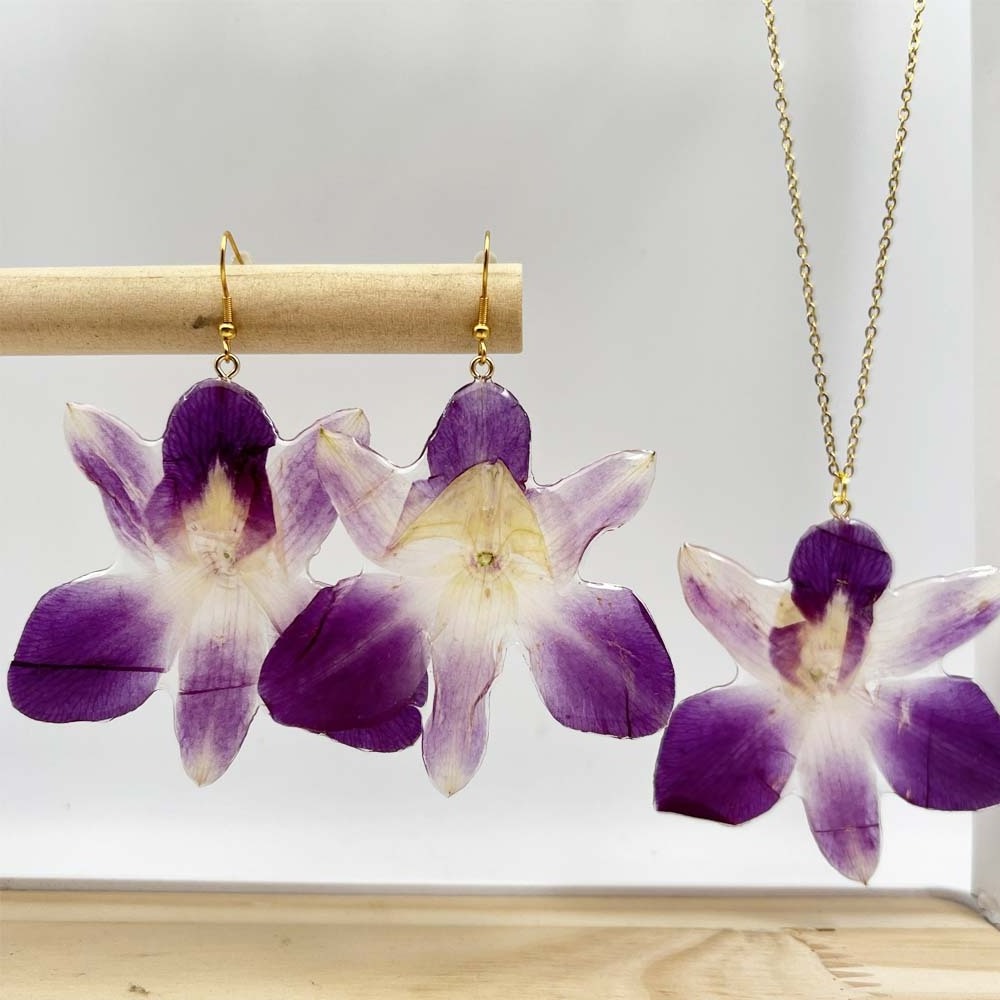 Hand Crafted Jewelry  Gold Preserved Purple Orchid Flower Epoxy Resin Earrings Necklace Jewelry Set