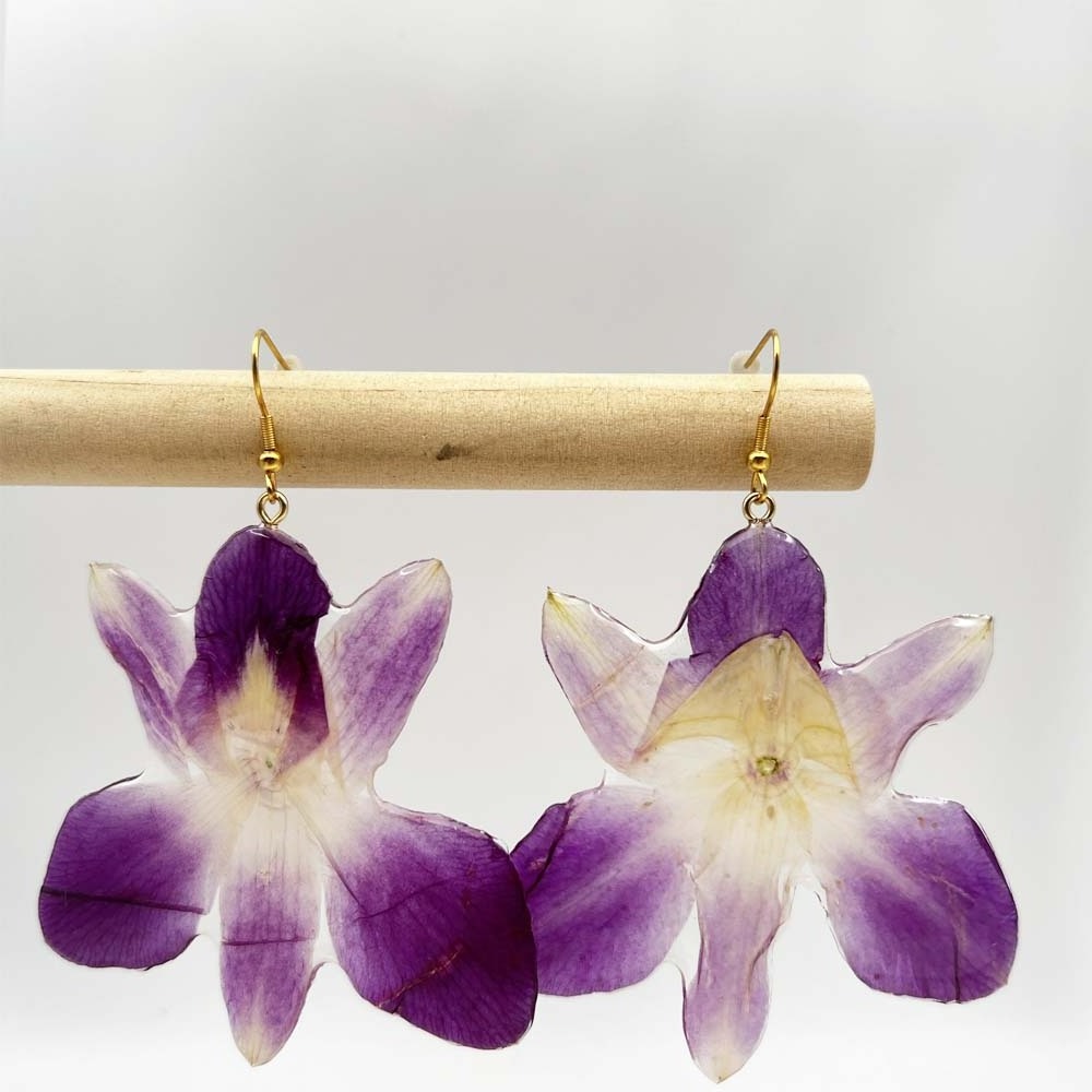 Hand Crafted Jewelry  Gold Preserved Purple Orchid Flower Epoxy Resin Earrings Necklace Jewelry Set