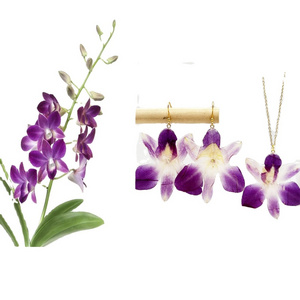 Hand Crafted Jewelry  Gold Preserved Purple Orchid Flower Epoxy Resin Earrings Necklace Jewelry Set