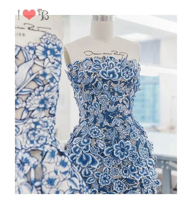 blue with white 3d floral organza embroidery lace fabric for fashion dress handcut 3d floral lace